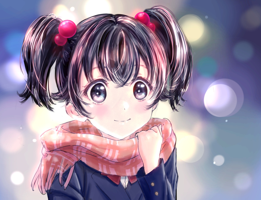 1girl black_eyes black_hair blazer blush christmas closed_mouth hair_ornament highres jacket long_hair original scarf school_uniform snowing tarou_oekaki twintails uniform