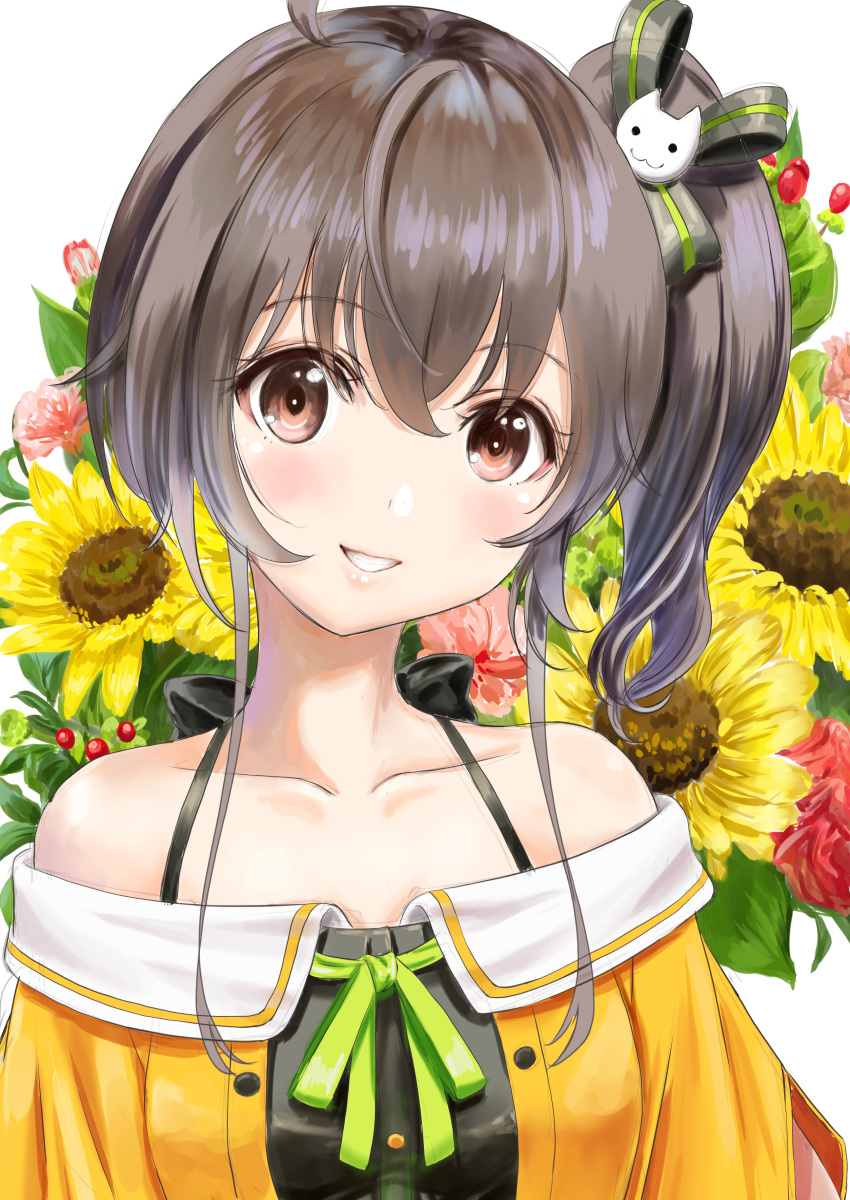 1girl absurdres azur_lane blush cat_hair_ornament collarbone flower hair_ornament highres hololive lips long_hair natsuiro_matsuri open_mouth ribbon side_ponytail sunflower tarou_oekaki virtual_youtuber