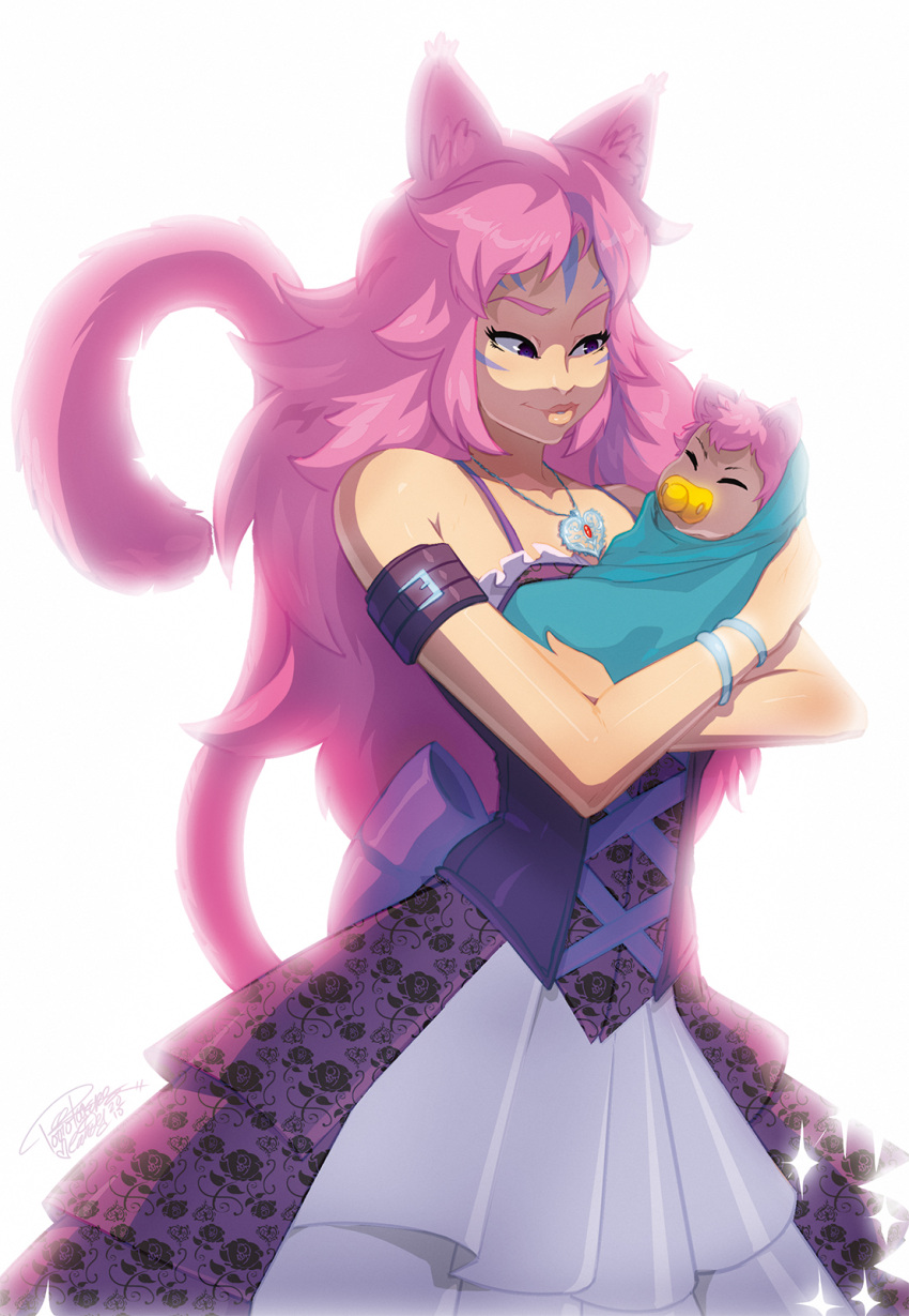 1girl baby cat_ears cat_tail dress facial_mark final_fantasy final_fantasy_xiv miqo'te mother pacifier pink_hair smile tail tovio_rogers