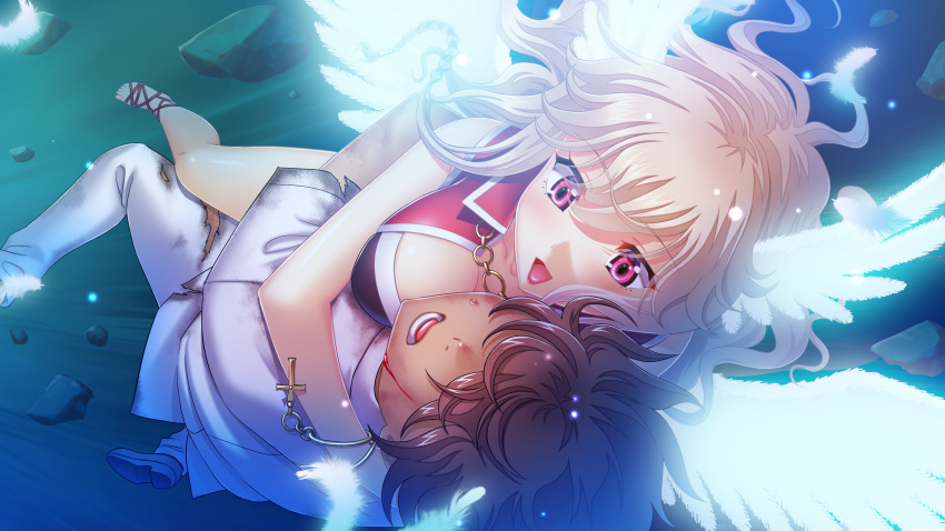 1boy 1girl angel_wings blonde_hair blood breast_press breasts brown_hair cleavage feathers feet flying game_cg happy highres in_vitro_shoujo large_breasts legs long_hair open_mouth pink_eyes rock sandals shoes short_hair sleeveless smile tadano_akira thighs toes wings