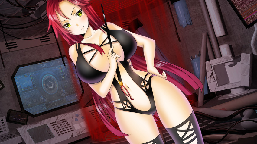 1girl blush breasts cleavage cleavage_cutout computer green_eyes hand_on_hip highres huge_breasts legs long_hair looking_at_viewer navel original redhead smile solo standing thigh-highs thighs time_tenshi wand