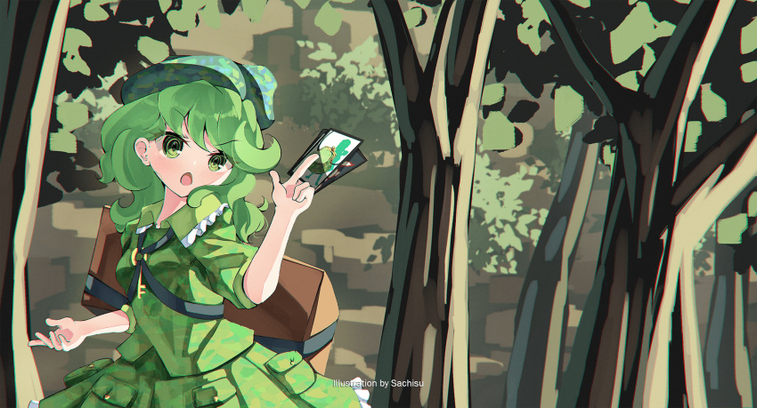 1girl :o bangs between_fingers blush box breasts camouflage card cowboy_shot eyebrows_visible_through_hair forest frilled_shirt_collar frills green_eyes green_hair green_headwear green_shirt green_skirt hand_up hat head_tilt highres holding holding_card key nature open_mouth outdoors pocket sachisudesu shirt skirt skirt_set small_breasts solo swept_bangs touhou tree unconnected_marketeers v-shaped_eyebrows yamashiro_takane