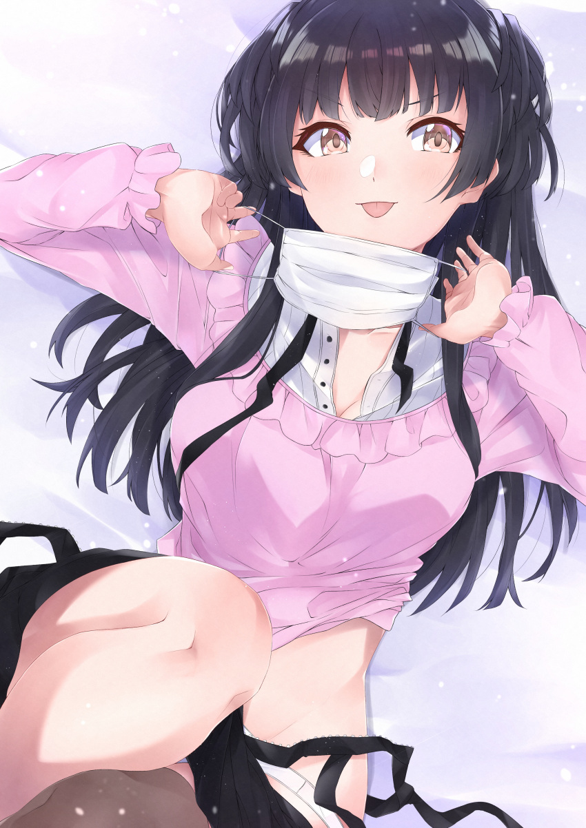 1girl absurdres bangs black_hair black_skirt blunt_bangs blush breasts brown_eyes highres huge_filesize idolmaster idolmaster_shiny_colors knee_up long_hair long_sleeves looking_at_viewer lying mayuzumi_fuyuko medium_breasts on_back pink_shirt shirt skirt smile solo surgical_mask thighs tongue tongue_out tutinako two_side_up