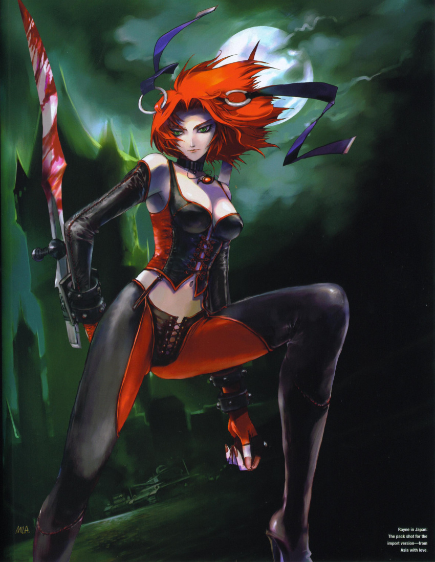 1girl bare_shoulders blood bloodrayne bloody_weapon breasts choker cleavage elbow_gloves fingerless_gloves gloves green_eyes halter_top halterneck high_heels jewelry leather leather_armor redhead shoes solo sword thigh-highs weapon