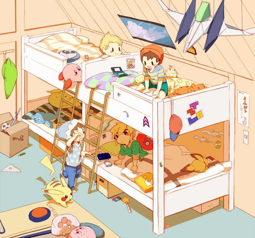 4boys arwing ball bed bed_sheet bedroom black_hair blonde_hair blush brown_hair clouds crossover group handheld_game_console hat ice_climber kirby kirby_(series) ladder lucas mask meta_knight metroid metroid_(creature) mother_(series) mr_saturn multiple_boys ness nintendo nintendo_ds open_mouth pichu pikachu pillow pointy_ears pokemon popo_(ice_climber) sega short_hair smile soccer_ball sonic sonic_the_hedgehog sorutosio star_fox super_smash_bros. the_legend_of_zelda the_legend_of_zelda:_the_wind_waker toon_link toy wand weapon wii window
