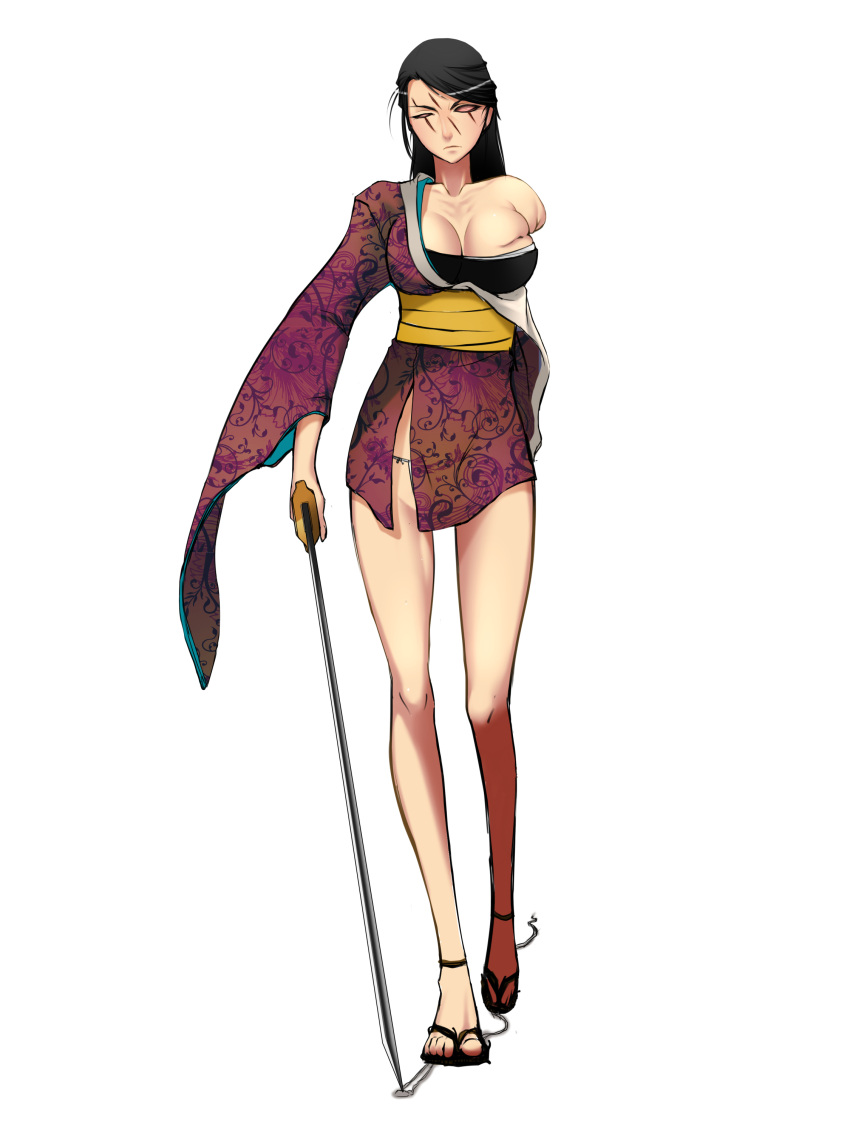 1girl 59442587 amputee black_hair blind breasts cleavage japanese_clothes katana kimono large_breasts long_hair scar solo sword weapon
