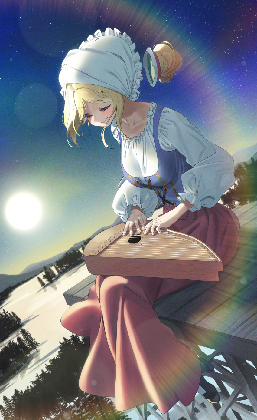 1girl aki_rosenthal black_footwear blonde_hair blouse blue_shirt blush closed_eyes commission corset detached_hair dutch_angle eyebrows_visible_through_hair frills hair_bun head_scarf highres hololive instrument lens_flare long_skirt music outdoors playing_instrument red_skirt shirt short_hair sitting skirt sky smile snow solo star_(sky) starry_sky sunrise traditional_clothes tree twin_(tt_lsh) virtual_youtuber white_blouse