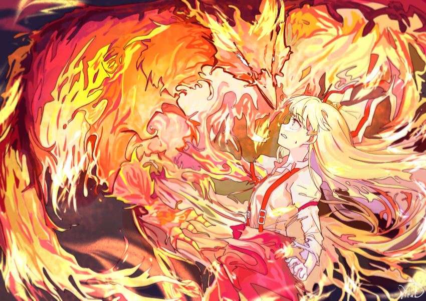 1girl bangs bird bow collared_shirt fire from_side fujiwara_no_mokou hair_bow highres long_hair long_sleeves looking_at_another open_mouth pants phoenix red_eyes red_pants shirt standing suspenders sweatdrop torn_clothes touhou white_bow white_hair white_shirt ydpfa