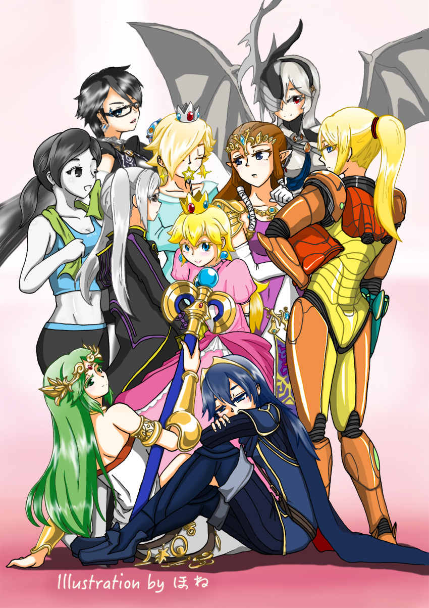 6+girls bayonetta bayonetta_(character) bayonetta_2 blonde_hair fire_emblem fire_emblem:_kakusei fire_emblem_if hone_ryu kid_icarus kid_icarus_uprising lucina metroid multiple_girls my_unit_(fire_emblem:_kakusei) my_unit_(fire_emblem_if) nintendo palutena ponytail princess_peach princess_zelda rosetta_(mario) samus_aran super_mario_bros. super_mario_galaxy super_smash_bros. the_legend_of_zelda wii_fit wii_fit_trainer