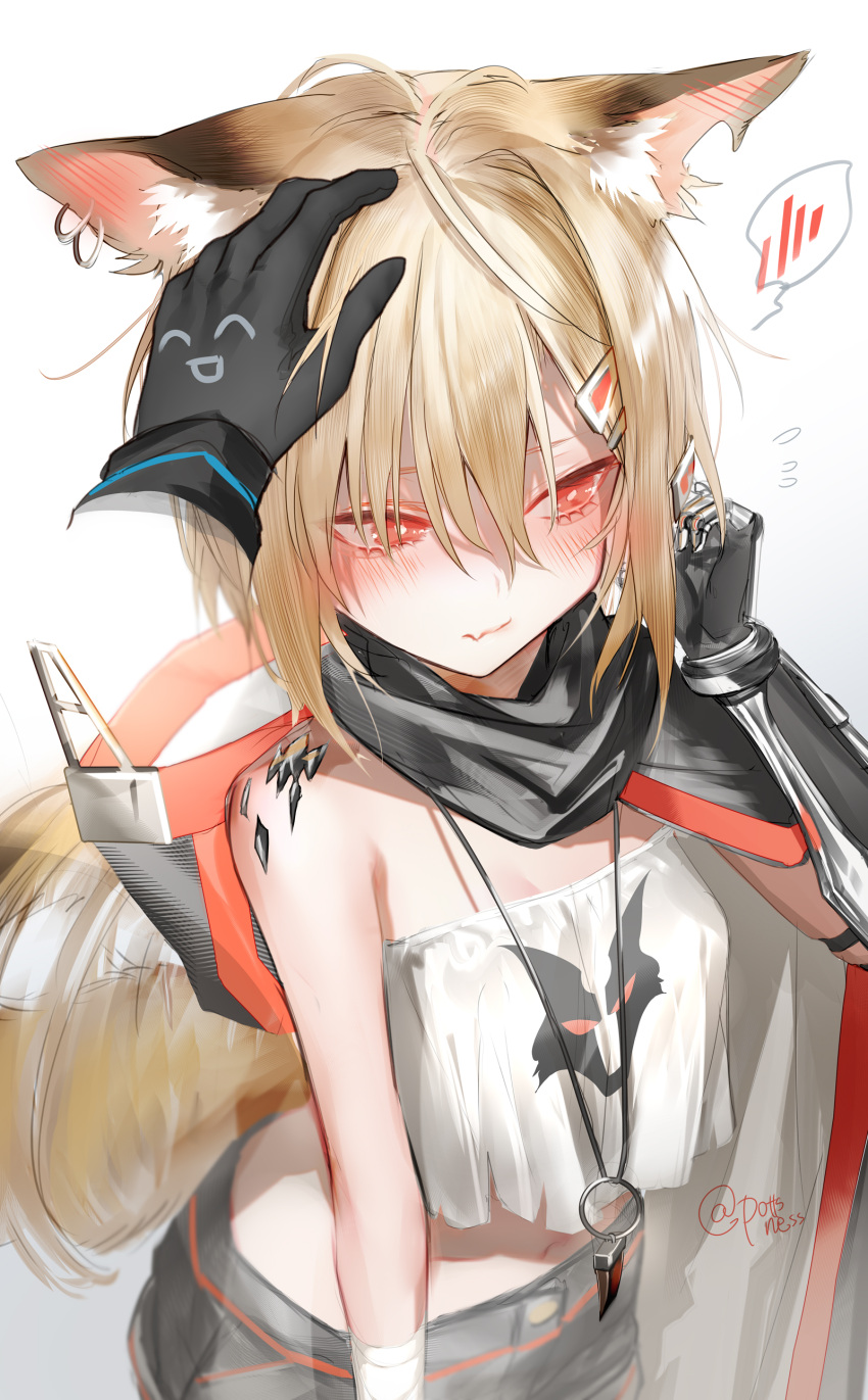 1girl absurdres animal_ear_fluff animal_ears arknights bangs bare_arms bare_shoulders black_gloves blonde_hair blush commentary_request fang fang_out fox_ears gloves gradient gradient_background grey_background hair_between_eyes hand_up highres jewelry midriff navel oripathy_lesion_(arknights) pendant pottsness red_eyes shirt short_hair skin_fang solo_focus strapless strapless_shirt upper_body vermeil_(arknights) white_background white_shirt