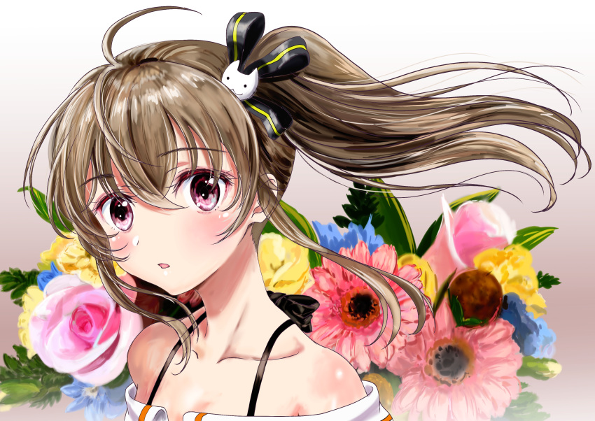 1girl absurdres azur_lane blush brown_hair cat_hair_ornament collarbone flower hair_ornament highres hololive long_hair natsuiro_matsuri open_mouth red_eyes side_ponytail tarou_oekaki virtual_youtuber