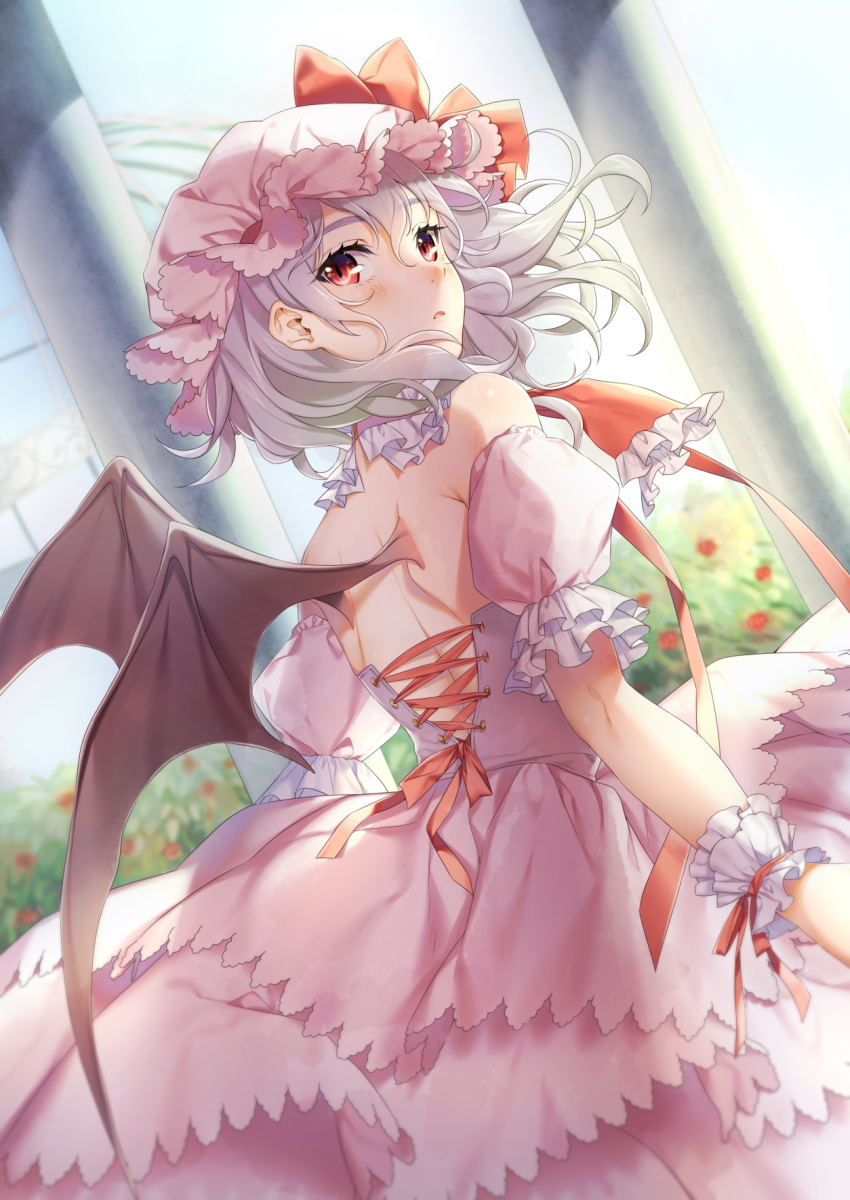 1girl ascot back bare_shoulders bat_wings bush commentary_request day dress from_behind hat hat_ribbon highres lavender_hair looking_at_viewer looking_back mob_cap pillar pink_dress red_eyes red_ribbon remilia_scarlet ribbon solo touhou wind wings wrist_cuffs yana_mori
