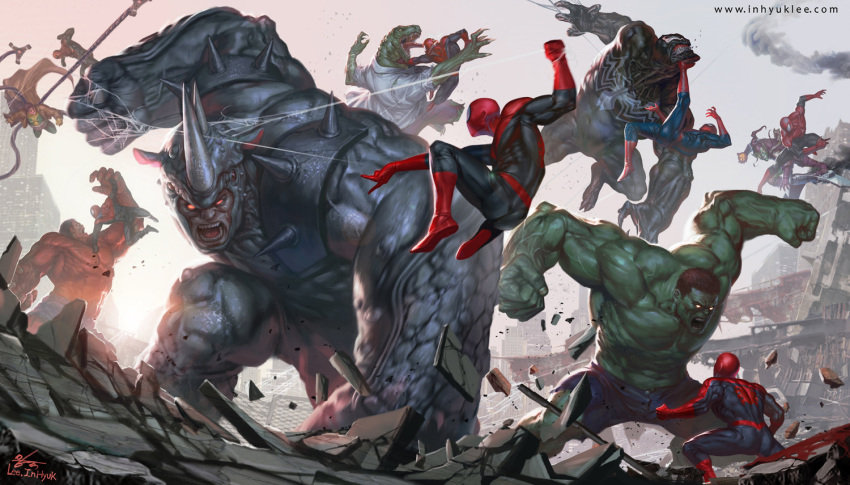 battle bodysuit destruction doctor_octopus epic green_goblin hulk inhyuk_lee lizard_(marvel) marvel monster multiple_boys peter_parker red_hulk rhino_(marvel) sequential spandex spider-man spider-man_(series) spider_web venom_(marvel)