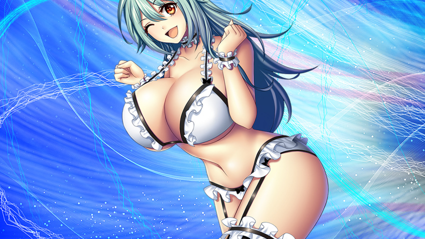 1girl aqua_hair ass bare_shoulders bra breast_expansion breasts brown_eyes choker cleavage curvy garter_straps happy highres huge_breasts legs long_hair looking_at_viewer navel one_eye_closed open_mouth original panties simple_background smile solo standing thick_thighs thigh-highs thigh_strap thighs time_tenshi underwear wide_hips wink