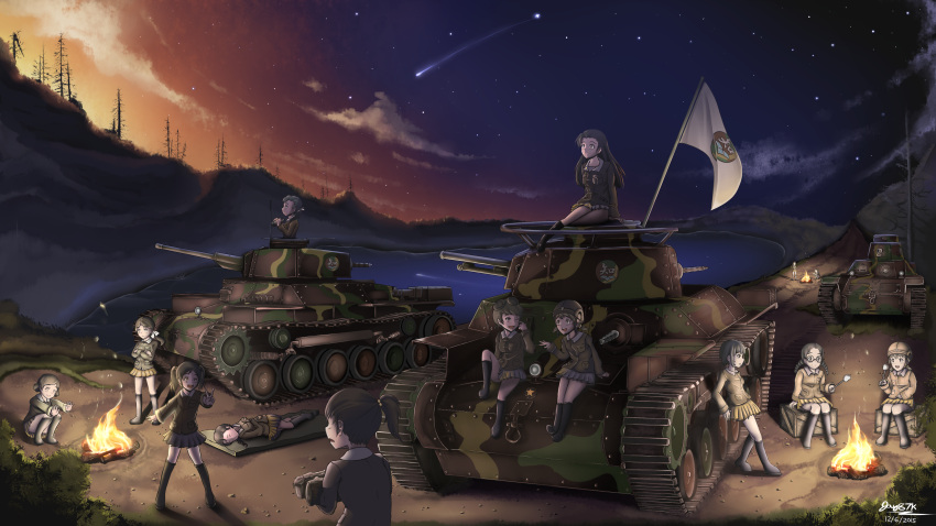 brown_eyes brown_hair campfire forest fukuda_(girls_und_panzer) girls_und_panzer jacket jay87k long_hair military military_uniform military_vehicle nature nishi_kinuyo open_mouth outdoors sunset tank tree type_95_ha-go type_97_chi-ha uniform upper_body vehicles