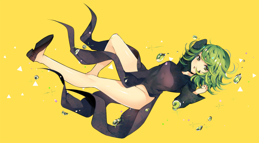 1girl :o bubble dress duji_amo full_body green_eyes green_hair legs looking_at_viewer one-punch_man open_mouth shoes short_hair side_slit solo tatsumaki yellow_background