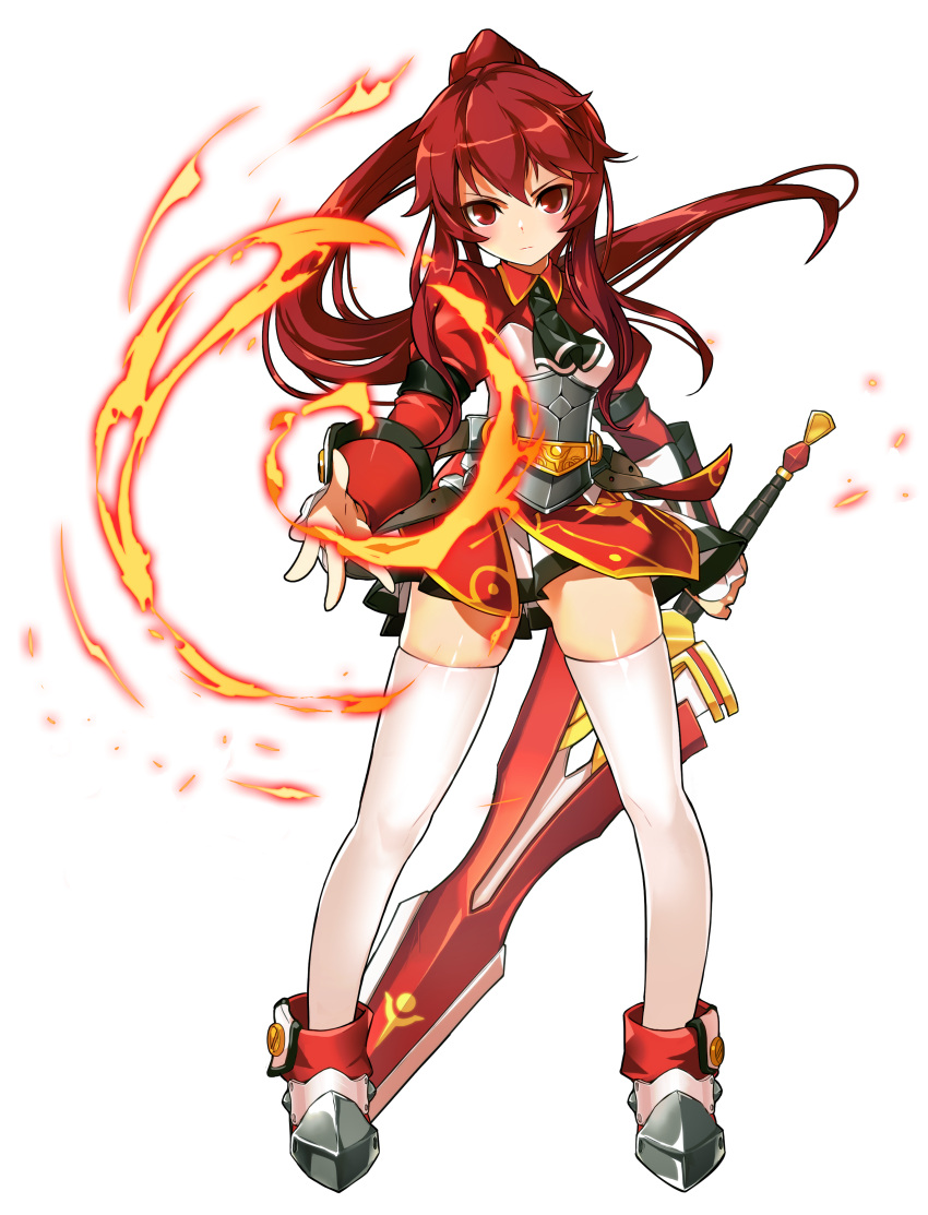 1girl absurdres claymore_(sword) elesis_(elsword) elsword fire free_knight_(elsword) full_body high_ponytail highres holding holding_weapon long_hair looking_at_viewer official_art red_eyes redhead solo thigh-highs transparent_background weapon white_legwear