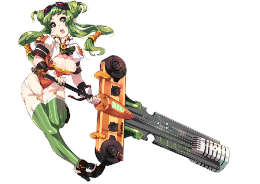 1girl :o absurdres alternate_costume alternate_hair_length alternate_hairstyle bangs black_shoes breasts cleavage copyright_name cravat double_bun female fingerless_gloves full_body gloves goggles goggles_on_head green_eyes green_hair green_legwear green_nails gumi hair_tubes high_heels highres holding holding_weapon large_breasts leotard long_hair makai nail_polish open_mouth puffy_short_sleeves puffy_sleeves shoes short_sleeves solo striped striped_legwear thigh-highs toned vertical-striped_legwear vertical_stripes vocaloid weapon