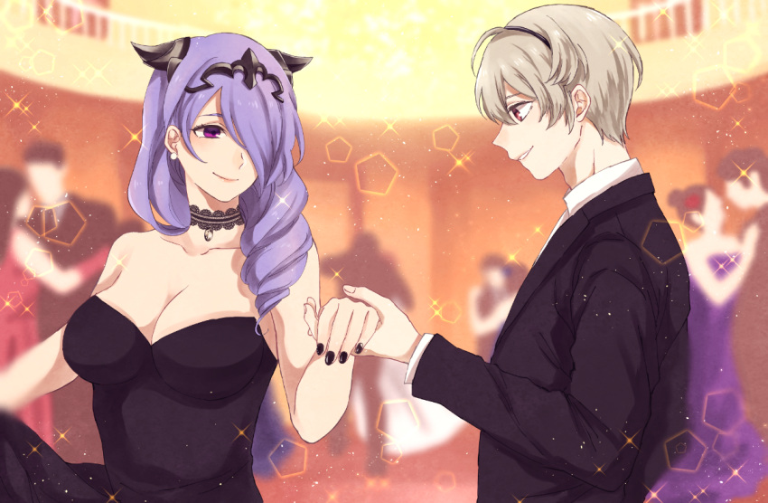 1boy 1girl aomeeso arm bare_arms black_dress blonde_hair breasts camilla_(fire_emblem_if) cleavage couple dancing dress eye_contact fire_emblem fire_emblem_if formal hair_over_one_eye hairband hand_holding large_breasts leon_(fire_emblem_if) long_hair long_sleeves looking_at_another nail_polish nintendo public purple_hair red_eyes short_hair siblings smile strapless strapless_dress suit upper_body violet_eyes