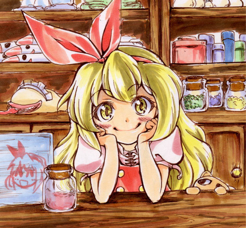 altrouge blonde_hair blush cat ellen hair_ornament hands_on_own_cheeks hands_on_own_face looking_at_viewer maid_headdress mimi-chan potion shop smile sokrates_(touhou) touhou touhou_(pc-98) yellow_eyes