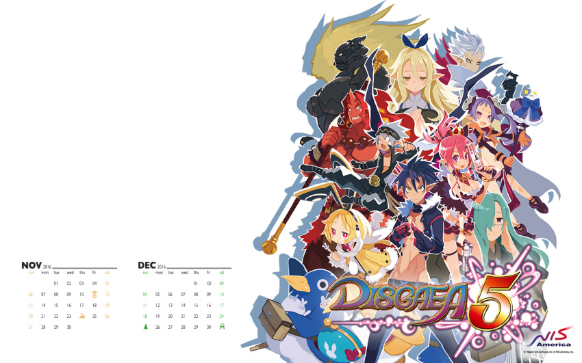 2016 :d animal bag beads belt between_breasts bird bloodis_(disgaea) bow breasts calendar card cat christo_(disgaea) cleavage company_name copyright_name copyright_request crossed_arms disgaea earmuffs everyone glasses gradient green_hair grin groin hair_over_one_eye half-closed_eyes hand_on_own_chest harada_takehito holding holding_card horn jewelry killia_(disgaea) liezerota logo long_pointy_ears looking_at_viewer majorita_(disgaea) makai_senki_disgaea_5 midriff multiple_boys multiple_girls necklace official_art open_mouth penguin pink_hair pocket pointy_ears polearm ponytail prayer_beads prinny red_eyes red_magnus red_skin seraphina_(disgaea) shadow short_hair simple_background smile spiky_hair stomach thigh_strap usalia_(disgaea) void_dark_(disgaea) wallpaper weapon white_background white_hair widescreen zeroken_(disgaea)