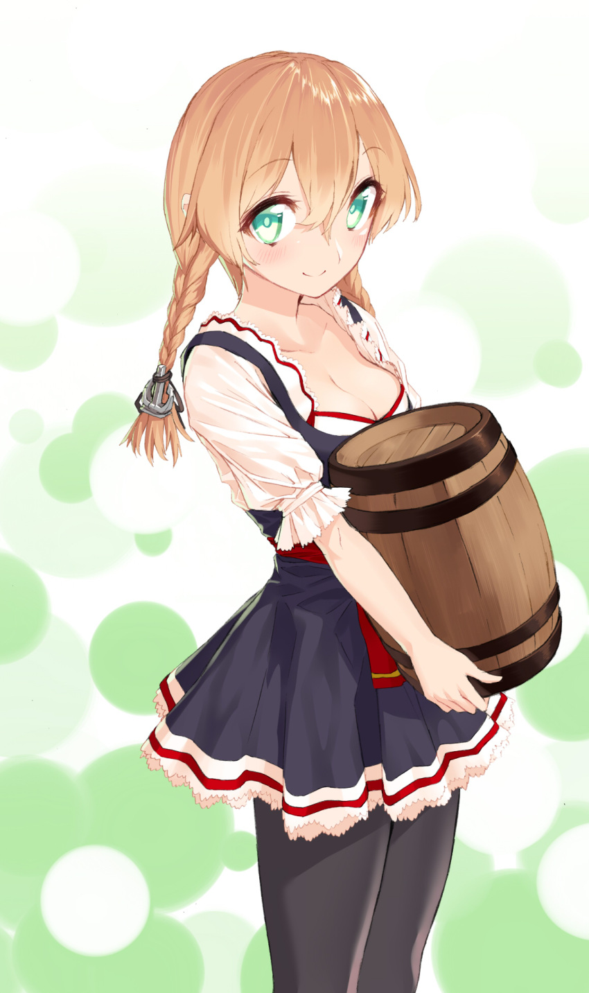1girl alternate_costume alternate_hairstyle anchor_hair_ornament aqua_eyes beer_keg black_legwear blew_andwhite blush breasts carrying cleavage collarbone dirndl german_clothes hair_ornament highres kantai_collection pantyhose prinz_eugen_(kantai_collection) smile solo
