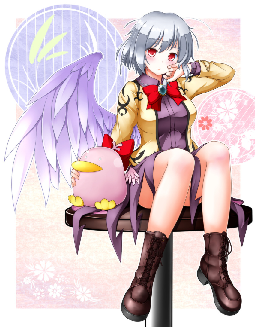 1girl aka_tawashi boots bow bowtie breasts brown_boots cross-laced_footwear dress full_body highres jacket kishin_sagume long_sleeves looking_at_viewer md5_mismatch on_table open_mouth parted_lips purple_dress purple_skirt raphael_the_raven red_eyes short_hair silver_hair single_wing sitting skirt solo super_mario_bros. table touhou wings yoshi's_island