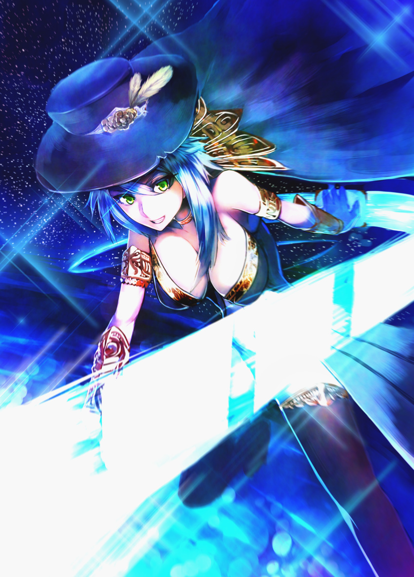 1girl armband bare_shoulders black_legwear blue_hair breasts cape choker cleavage commentary_request gloves grin hair_between_eyes hat hat_feather hatahata_p_(taritari1648) highres large_breasts lipstick long_hair makeup million_arthur_(series) silver_hair smile thigh-highs vambraces