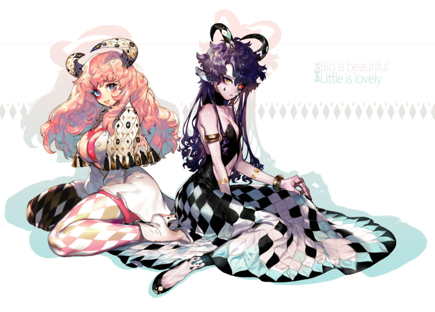 2girls animal_ears argyle argyle_dress argyle_legwear armlet bangs bare_shoulders between_legs black_shoes blue_eyes bodypaint bracelet breasts buttons capelet collarbone commentary curly_hair detached_collar dress english frown full_body glitter hand_between_legs heterochromia high_heels highres horns jewelry large_breasts lipstick long_dress long_hair long_sleeves makeup multiple_girls nail_polish navel navel_cutout open_clothes original pantyhose pigeon666 pink_hair purple_hair red_eyes ring shoes sitting small_breasts smile strapless strapless_dress tassel teardrop wariza white_background white_shoes yellow_eyes