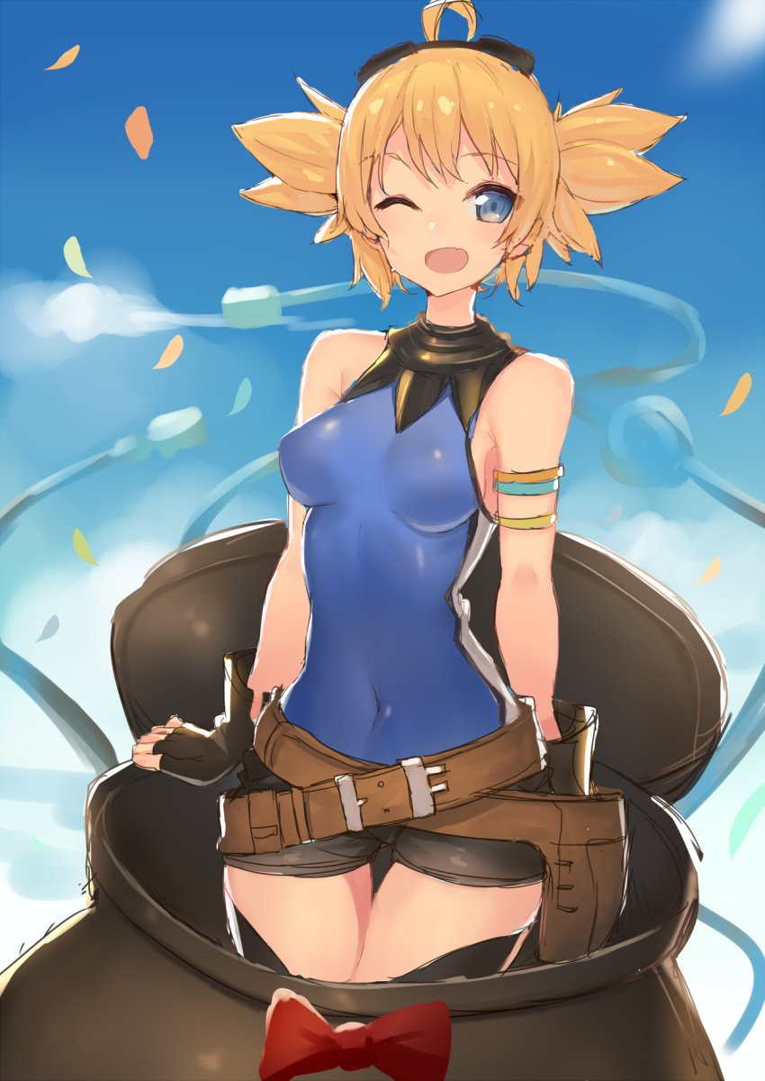 1girl ahoge animal_costume armlet bare_shoulders belt black_gloves blonde_hair blue_eyes blush confetti covered_navel fang fingerless_gloves gloves goggles goggles_on_head granblue_fantasy highres kame^^ leotard one_eye_closed open_mouth pengie penguin_costume short_hair short_shorts short_twintails shorts sketch smile solo twintails