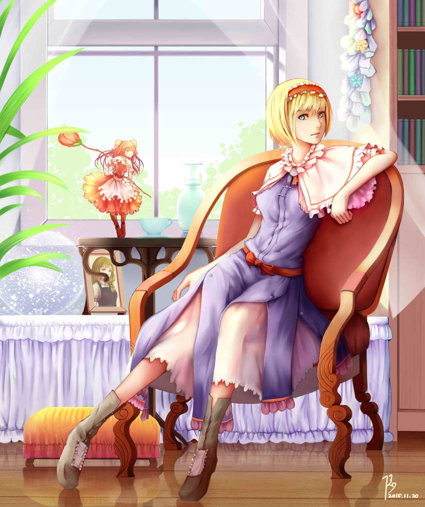 1girl absurdres alice_margatroid arm_rest blonde_hair blue_dress blue_eyes bookshelf boots capelet chair cup curtains dated diandianzai dress expressionless flower highres indoors kirisame_marisa layered_dress looking_at_viewer ottoman photo_(object) picture_frame reflection rose shanghai_doll short_hair signature sitting snow_globe solo table teacup touhou window wooden_floor