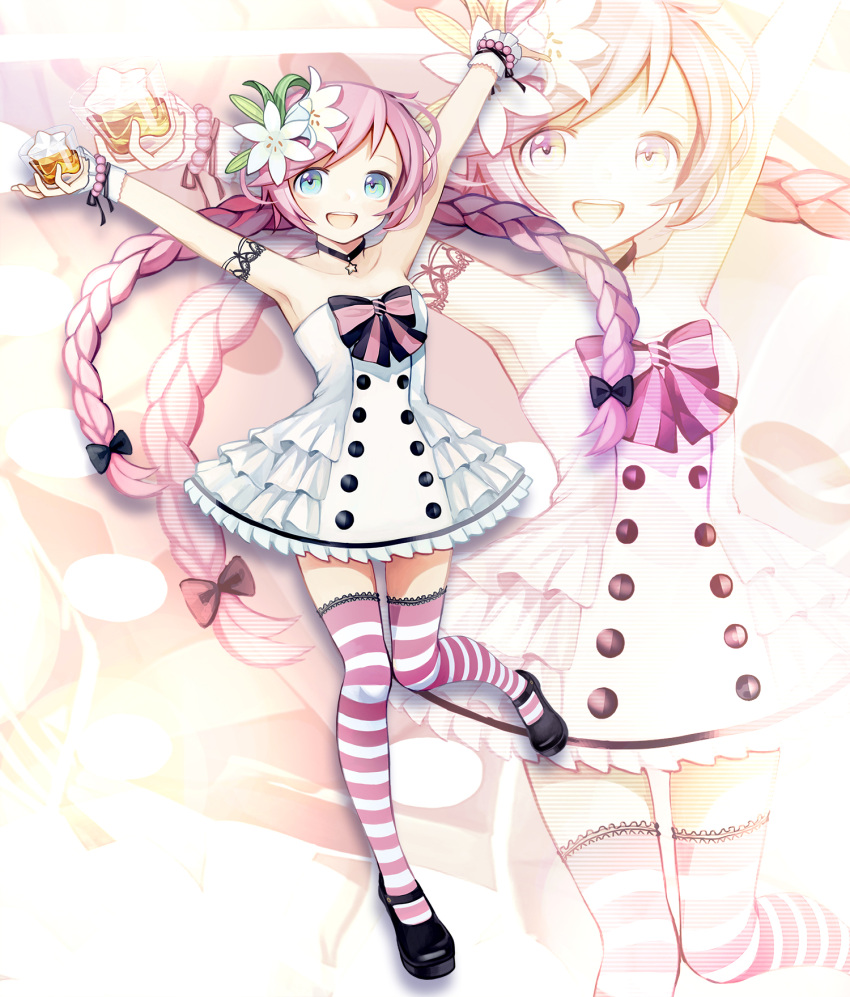 1girl :d alternate_costume arms_up bangs bead_bracelet beads black_bow black_shoes blue_eyes bow bracelet braid buttons choker dress flower frills full_body hair_bow hair_flower hair_ornament highres ice ice_cube jewelry kari_kenji knees_together_feet_apart lace-trimmed_legwear lily_(flower) long_hair looking_at_viewer mary_janes open_mouth pendant pink_hair rana_(vocaloid) shoes smile solo standing standing_on_one_leg star strapless strapless_dress striped striped_bow striped_legwear swept_bangs thigh-highs twin_braids very_long_hair vocaloid white_dress white_flower wrist_cuffs zoom_layer