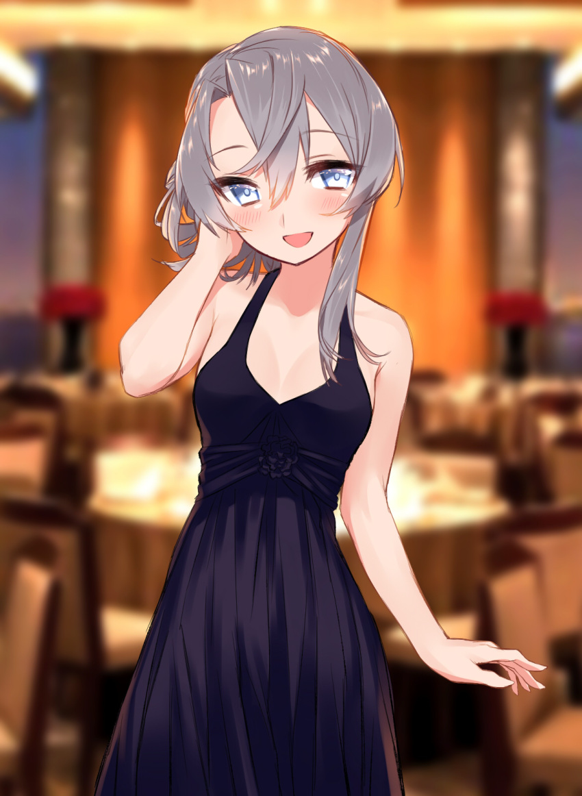 1girl alternate_costume asymmetrical_hair bare_arms bare_shoulders blew_andwhite blurry blush breasts depth_of_field dress grey_eyes grey_hair hand_in_hair highres kantai_collection looking_at_viewer nowaki_(kantai_collection) open_mouth purple_dress sleeveless sleeveless_dress smile solo