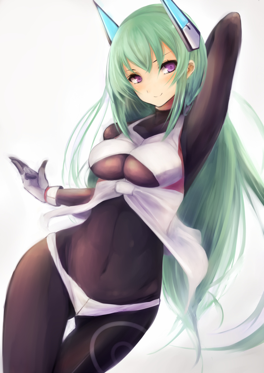 1girl bangs blush bodysuit borrowed_character breasts cleavage closed_mouth covered_navel cowboy_shot crop_top fingerless_gloves gloves gluteal_fold green_hair headgear highres inaba_sunimi long_hair looking_at_viewer menou_kaname original simple_background sleeveless smile solo thigh_gap very_long_hair violet_eyes white_gloves white_shorts