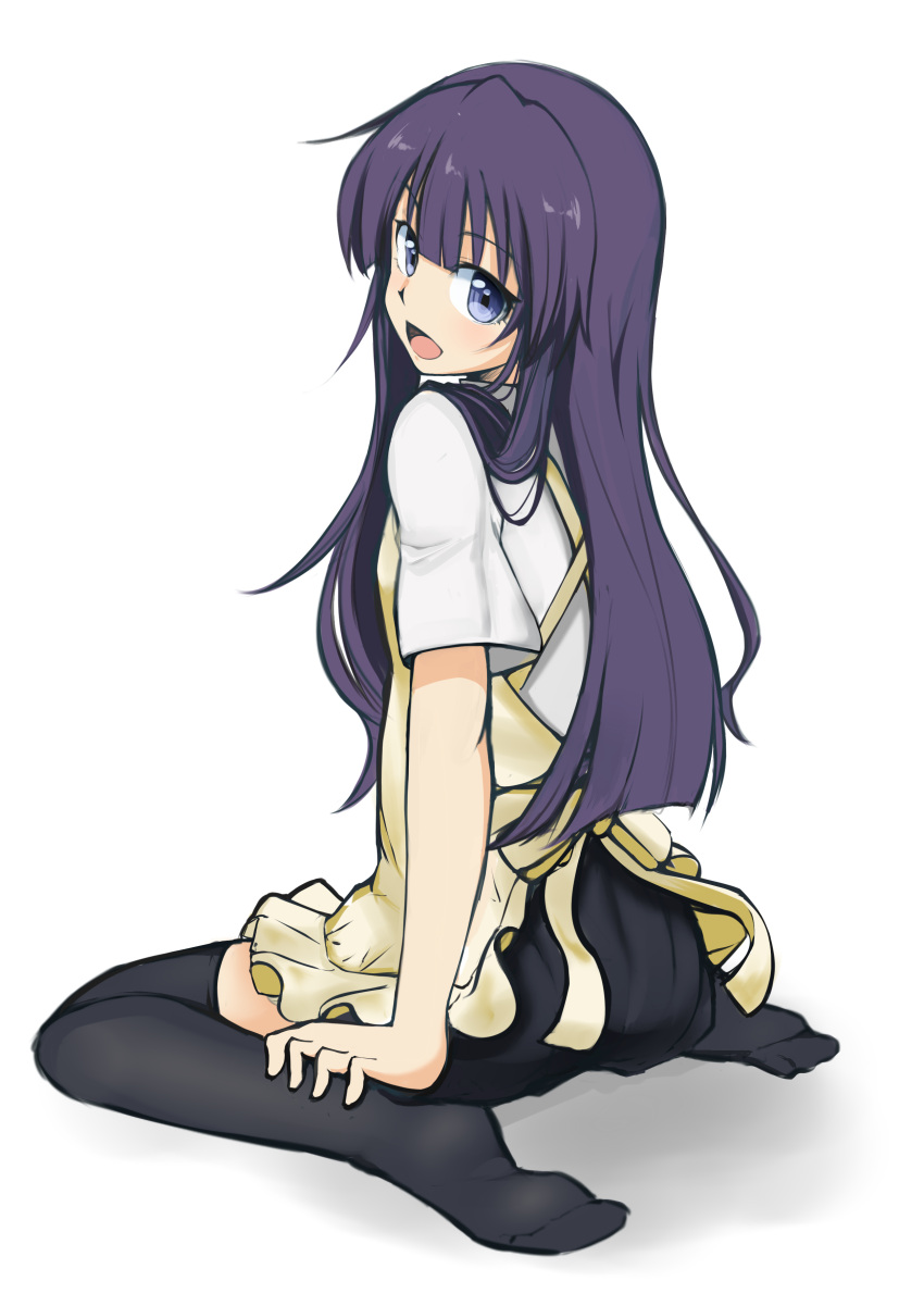 1girl absurdres apron blush from_behind highres kazenoko long_hair looking_at_viewer looking_back open_mouth purple_hair simple_background sitting smile solo thigh-highs uniform wariza white_background working!! yamada_aoi