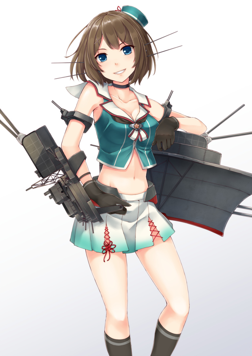 1girl bare_arms blue_eyes breasts brown_hair choker cleavage collarbone dabadhi gloves grin hat highres kantai_collection kneehighs looking_at_viewer maya_(kantai_collection) midriff miniskirt navel remodel_(kantai_collection) short_hair skirt smile socks solo thighs