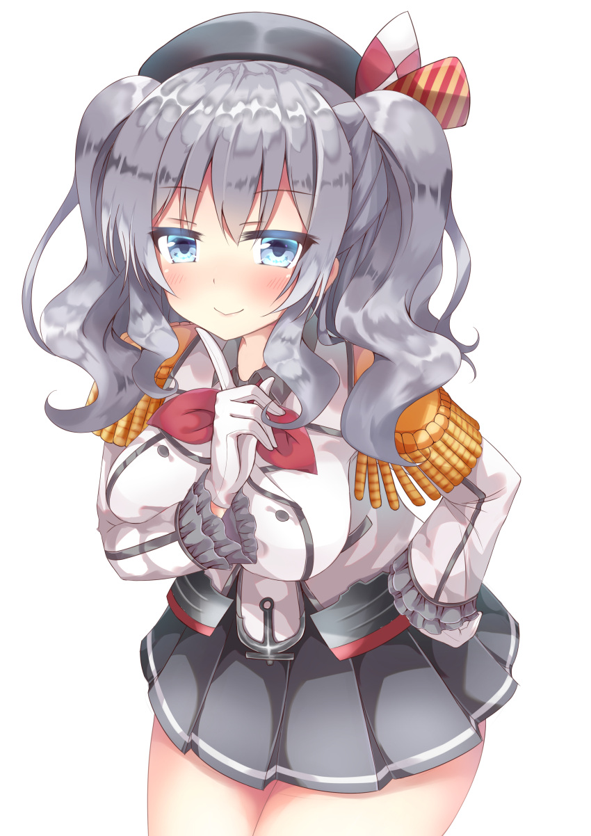 1girl absurdres bent_over blue_eyes breasts female gloves go-1 grey_eyes hand_on_hip hat highres kantai_collection kashima_(kantai_collection) large_breasts long_hair long_sleeves military military_uniform miniskirt pleated_skirt revision silver_hair skirt smile solo twintails uniform wavy_hair white_gloves