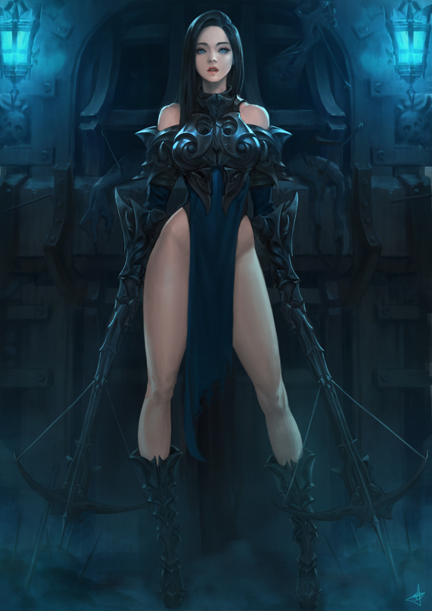 1girl absurdres armor armored_dress bangs bare_shoulders black_hair blue_dress blue_eyes bow_(weapon) cherrylich contrapposto crossbow dress dual_wielding full_body gauntlets greaves groin highres indoors lips long_hair long_legs looking_at_viewer no_panties original parted_bangs parted_lips pelvic_curtain side_slit sleeveless sleeveless_dress solo weapon
