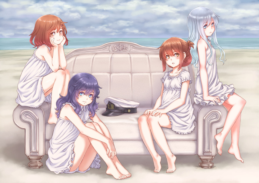 4girls akatsuki_(kantai_collection) alternate_costume bangs barefoot beach blue_eyes blue_hair brown_hair closed_mouth clouds cloudy_sky couch d: dress eyebrows eyebrows_visible_through_hair feet folded_ponytail frills hair_ornament hairclip hands_on_own_cheeks hands_on_own_face hat hat_removed headwear_removed hibiki_(kantai_collection) highres ikazuchi_(kantai_collection) inazuma_(kantai_collection) kantai_collection kosai_takayuki long_hair multiple_girls ocean on_couch open_mouth outdoors peaked_cap purple_hair sand short_hair short_sleeves sitting sky sleeveless sleeveless_dress smile upskirt white_dress
