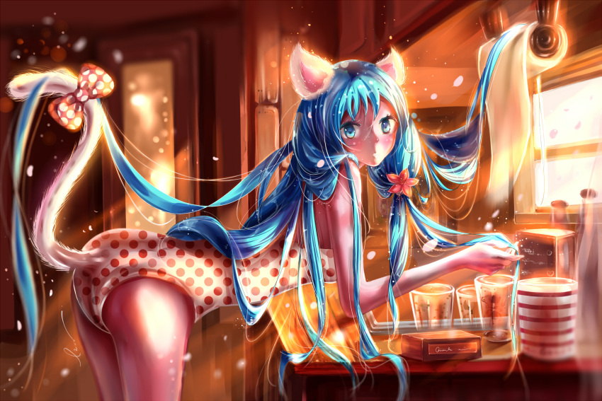 1girl alternate_costume alternate_hairstyle animal_ears bangs bent_over blue_eyes blue_hair blurry blush bokeh bow box cabinet cat_ears cat_tail cup depth_of_field door drinking_glass flower glass hair_flower hair_ornament hatsune_miku highres indoors kemonomimi_mode kona_(koma-m) long_hair looking_at_viewer one-piece_swimsuit paper polka_dot polka_dot_bow polka_dot_swimsuit scroll signature solo sunlight swimsuit tail tail_bow tail_through_clothes unmoving_pattern very_long_hair vocaloid window