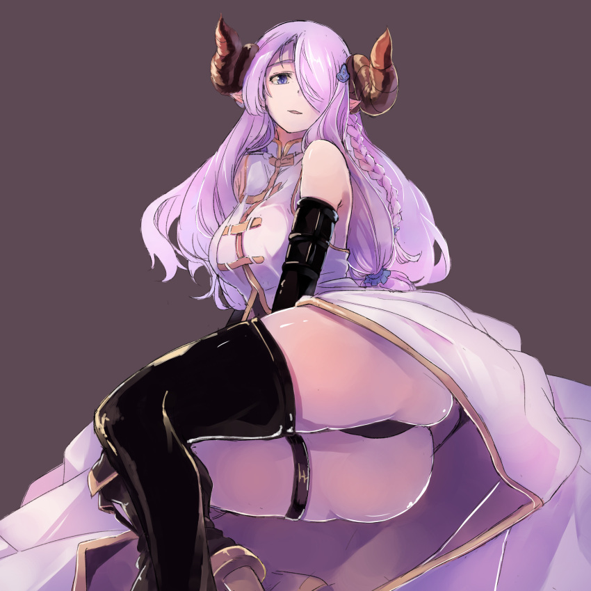 1girl absurdres ass bare_shoulders black_gloves black_legwear black_panties braid breasts cow_girl cow_horns elbow_gloves female gloves granblue_fantasy hair_ornament hair_over_one_eye highres horns large_breasts long_hair looking_at_viewer makanari narumeia_(granblue_fantasy) panties pointy_ears purple_hair shirt simple_background sitting solo thigh-highs thighs underwear violet_eyes