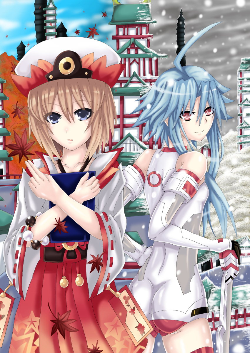 2girls ahoge ass bare_shoulders blanc blue_eyes blue_hair bodysuit book breasts brown_hair choujigen_game_neptune compile_heart dual_persona elbow_gloves gloves hat honke_ganso idea_factory japanese_clothes kami_jigen_game_neptune_v looking_at_viewer looking_back multiple_girls neptune_(series) red_eyes shiny shiny_clothes shiny_hair shiny_skin short_hair short_hair_with_long_locks sideboob sidelocks skirt small_breasts smile snow white_heart