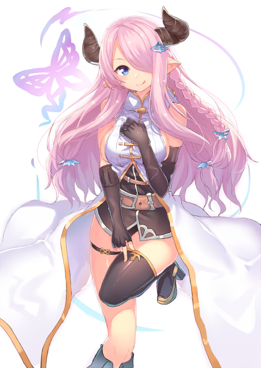 1girl :q bare_shoulders belt black_gloves black_legwear blue_eyes boots braid breasts butterfly demon_horns doraf elbow_gloves fingerless_gloves gloves granblue_fantasy hair_ornament hair_over_one_eye hand_on_own_chest highres horns kame^^ long_hair mismatched_gloves narumeia_(granblue_fantasy) pink_hair pointy_ears sideboob single_braid single_thighhigh smile solo standing standing_on_one_leg thigh-highs thigh_boots thigh_strap tongue tongue_out very_long_hair