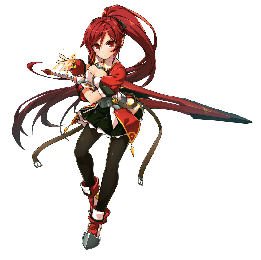 1girl absurdres black_legwear black_ribbon black_skirt breasts claymore_(sword) cleavage elesis_(elsword) elsword fire full_body hair_between_eyes hair_ribbon high_ponytail highres holding holding_sword holding_weapon long_hair looking_at_viewer medium_breasts official_art pantyhose pleated_skirt red_eyes redhead ribbon skirt solo sword transparent_background weapon wrist_cuffs