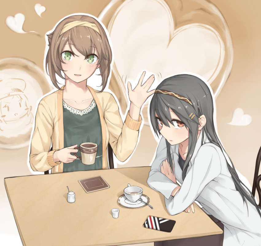 2girls black_hair brown_eyes brown_hair casual cellphone collarbone crossed_arms cup dish enosan error_musume from_side green_eyes hair_ornament hairband hairclip haruna_(kantai_collection) heart highres kantai_collection long_hair looking_at_viewer looking_to_the_side multiple_girls mutsu_(kantai_collection) open_mouth phone short_hair sitting smartphone spoon sugar table teacup waving