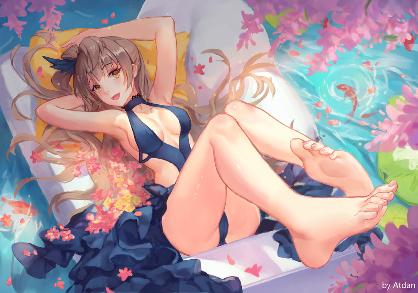 1girl :d armpits arms_up artist_name atdan bangs barefoot blue_dress blue_panties breasts brown_hair cleavage couch dress eyebrows eyebrows_visible_through_hair feet fish full_body lace legs_up light_brown_hair long_hair long_legs looking_at_viewer love_live!_school_idol_project lying minami_kotori on_back one_side_up open_mouth orange_eyes panties pantyshot pantyshot_(lying) petals pillow ripples shade sideboob sleeveless sleeveless_dress smile soles solo toenail_polish toes underwear water