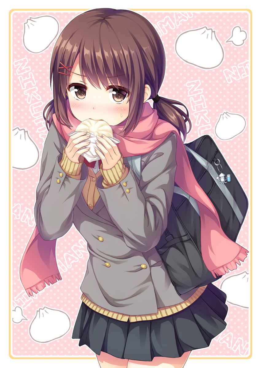 1girl bag baozi blazer blush brown_eyes brown_hair eating food highres holding holding_food jacket keychain looking_at_viewer low_twintails nakamura_sumikage nikuman original pink_background pleated_skirt polka_dot polka_dot_background scarf school_bag school_uniform skirt sleeves_past_wrists solo sweatdrop sweater twintails