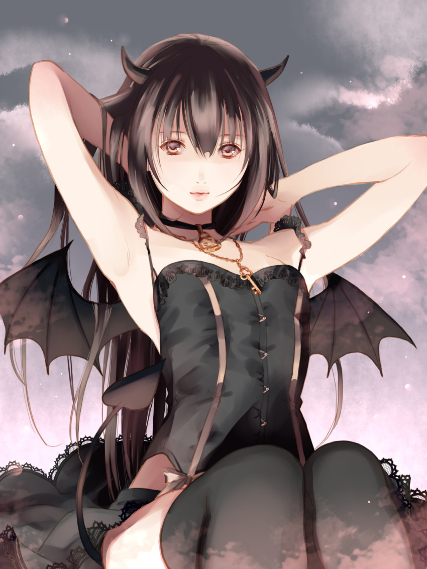 1boy bat_wings black_legwear brown_eyes brown_hair choker fuuchouin_kazuki getbackers highres horns jewelry necklace papillon10 smile solo tail thigh-highs trap wings