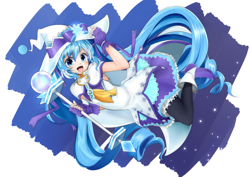1girl :d absurdres black_legwear blue_eyes blue_gloves blue_hair blush boots fingerless_gloves full_body gloves hand_on_headwear hat hatsune_miku highres kazenoko long_hair looking_at_viewer open_mouth smile solo staff twintails very_long_hair vocaloid witch_hat yuki_miku