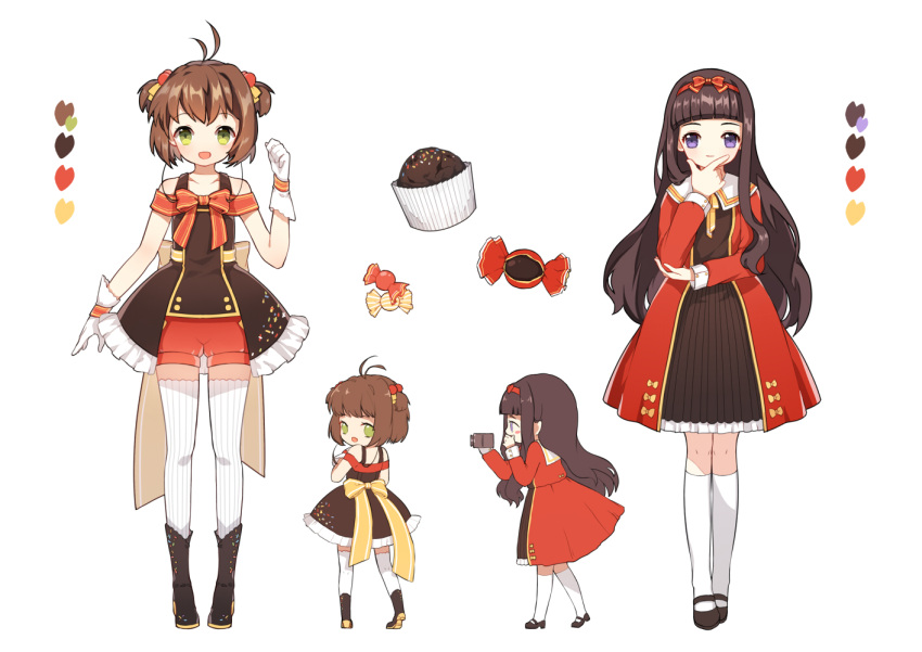 2girls 90s :d antenna_hair arm_at_side back bangs black_dress black_hair black_shoes blunt_bangs blush_stickers boots bow brown_hair camera candy card_captor_sakura character_sheet covering_mouth cupcake daidouji_tomoyo dress food_themed_clothes frills gloves green_eyes hair_bobbles hair_bow hair_ornament hair_ribbon hairband hand_on_own_chin hand_to_own_mouth kinomoto_sakura legs_apart long_hair long_sleeves looking_at_viewer mary_janes multiple_girls multiple_views neck_ribbon open_mouth recording red_bow red_dress red_shorts ribbon shoes short_hair shorts smile standing striped striped_bow thigh-highs two_side_up very_long_hair violet_eyes white_gloves white_legwear wrist_cuffs yellow_bow yellow_ribbon youli_(yori)